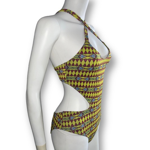 BEACH RIOT Neon Yellow Pink Abstract Print One Piece Cut Out Halter Swimsuit XS - Picture 2 of 5
